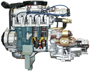 Двигатель переднеприводного автомобиля с навесным оборудованием в сборе со сцеплением и коробкой передач (агрегаты в разрезе)