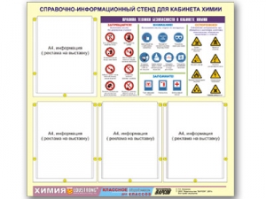 Стенд информационный "Правила техники безопасности в кабинете химии" (80х75, 4 кармана)